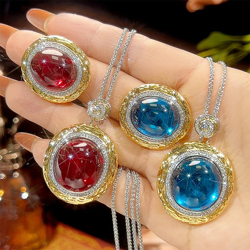 REDheart Brass Inlaid Zircon Plated Gold Plated Two-Color Open Ring Simulation Pointed Texture Pendant Necklace Set for Wedding