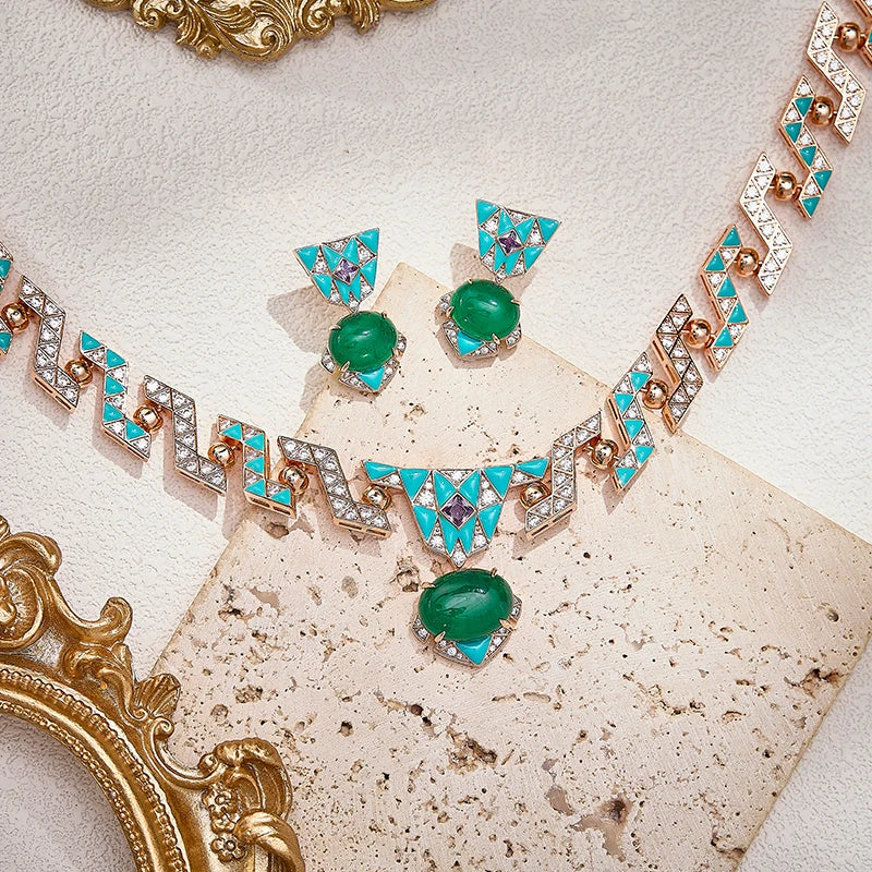 Bohemian Style Enamel Green Zirconium Necklace Earrings Two-piece Set Rose Gold Gold-plated High-quality Wedding Jewelry