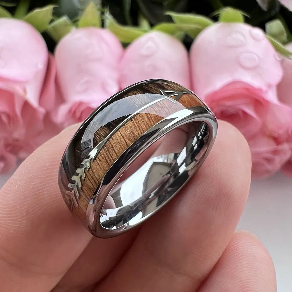 Coolstyle Jewelry 8mm Wholesale Dropshipping Koa Wood Arrow Inlay Tungsten Ring for Men Women Fashion Engagement Wedding Band