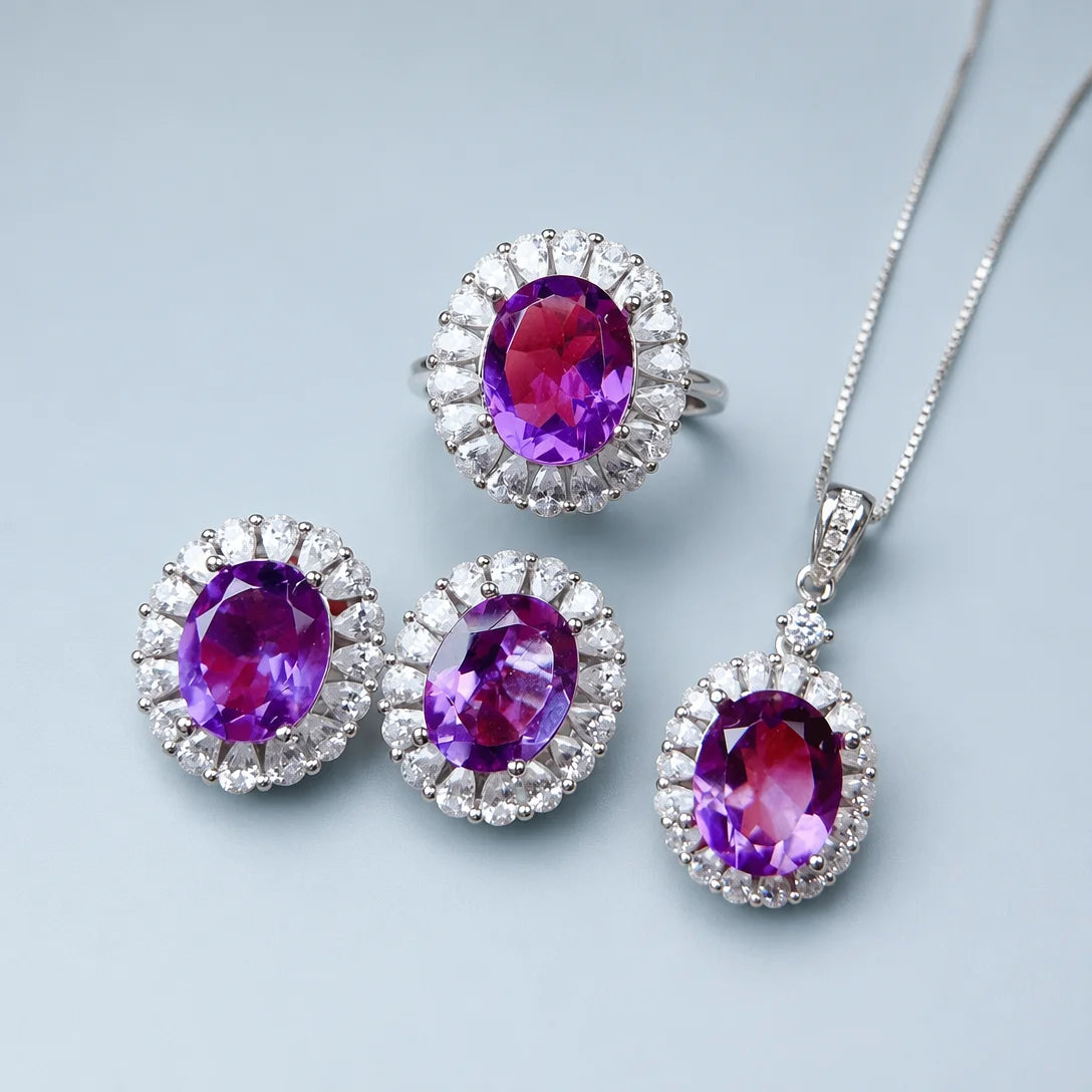 ArtistA Natural Amethyst Jewelry Set with 925 Sterling Silver for Women Oval Shape Purple Gemstone Ring Pendant Earrings Fine Jewelry