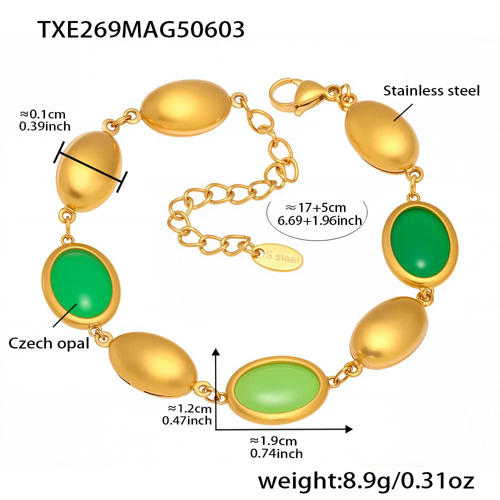 Natural Oval Opal Necklace, Bracelet & Earrings Jewellery Set | Bohemian Gold Plated Stainless Steel Set