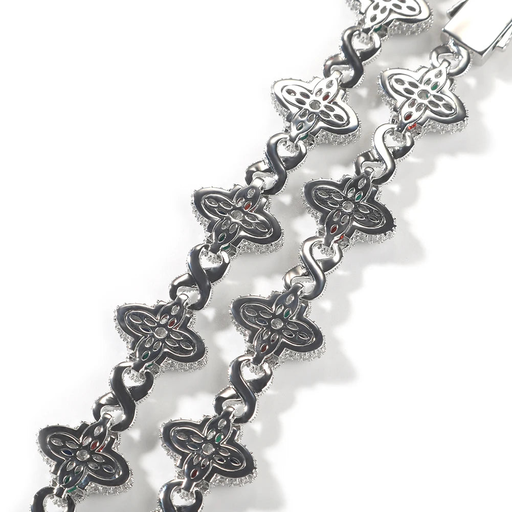 Fashion Hip Hop Jewelry 20mm Rose Gold Brass AAAAA CZ Colored Diamond Four Leaf Clover Infinity Link Bracelet