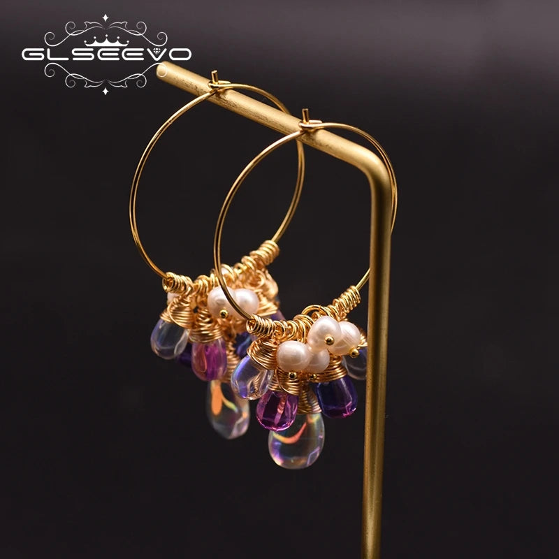 Natural Fresh Water Pearl Hoop Earrings for Women 925 Sterling Silver Colorful Tassel Drop Earrings