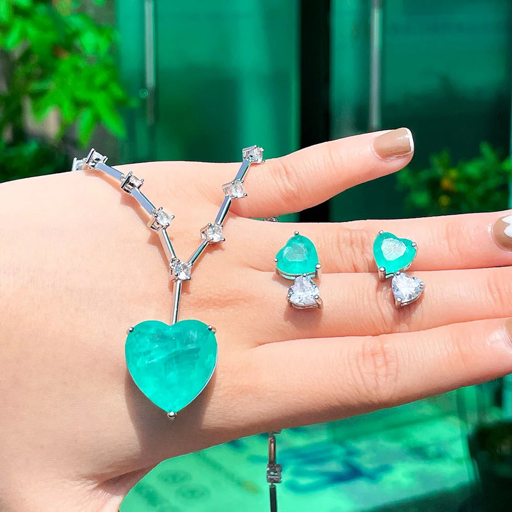 Beautiful Romantic Titanic Large Blue Ocean Love Heart Pendant Necklace and Earrings Bridal Green CZ Jewelry Set for Women Gift