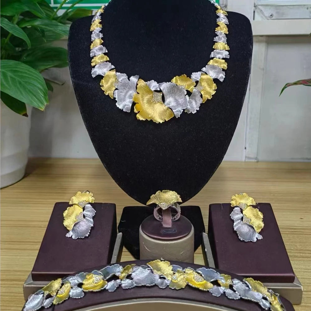 Zhuerrui Luxury Cubic Zirconia Jewelry Set American Diamond Flowers Jewelry Sets Necklace Bracelet Earrings Ring Jewellery Set
