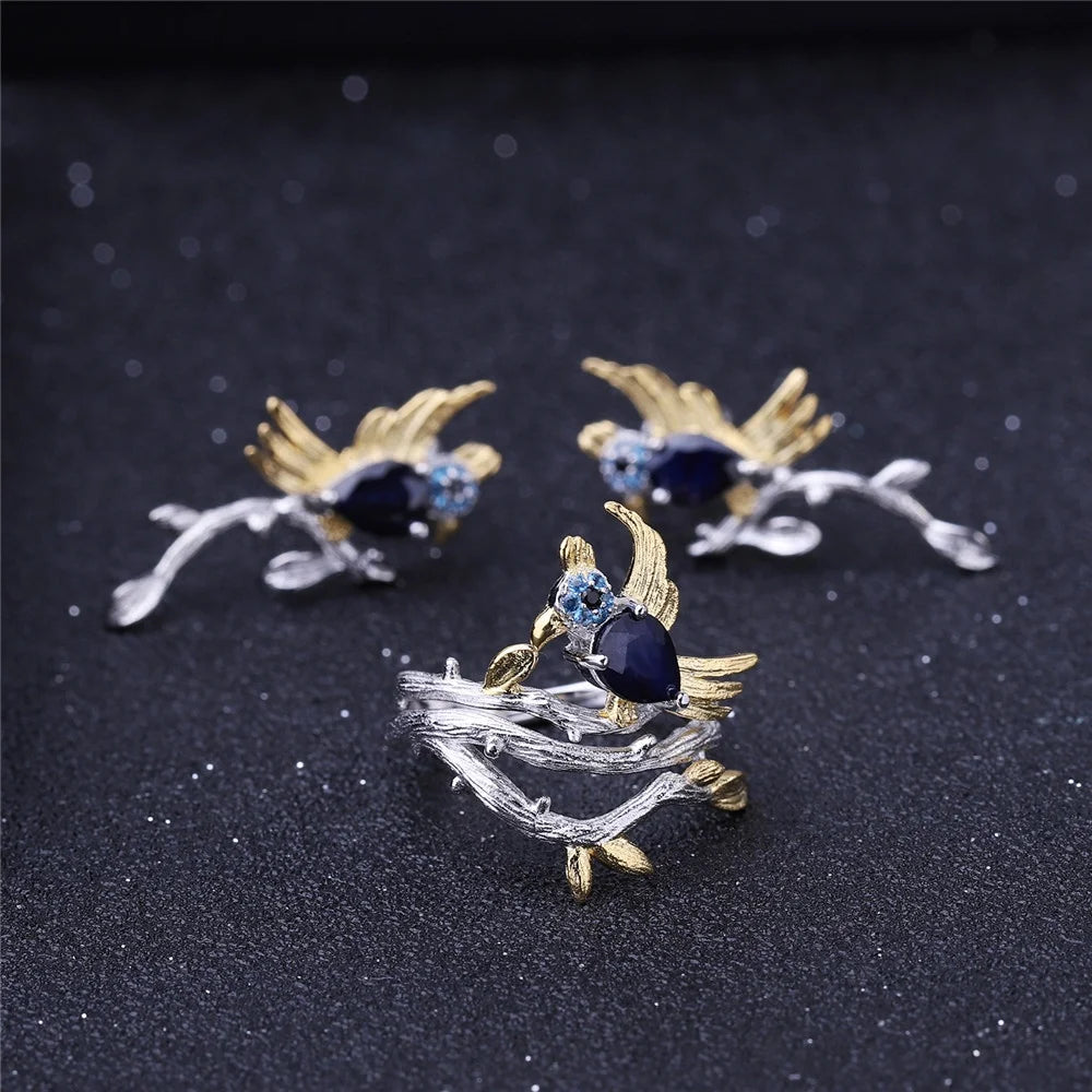 ArtistA Custom Designer S925 Jewelry Natural Gemstone Diffusion Sapphire 925 Sterling Silver Bird Tree Branch Ring