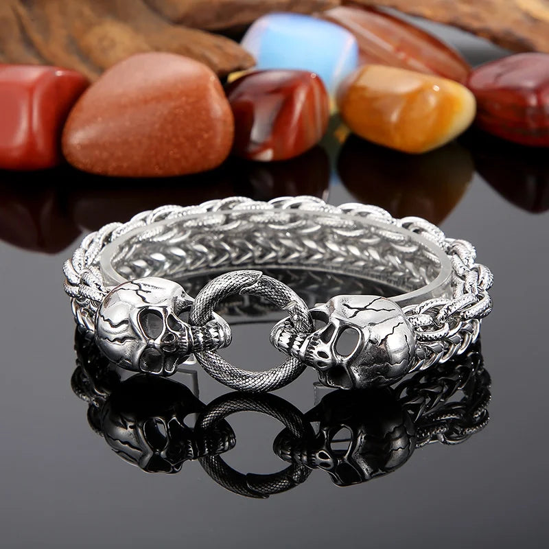 KALEN 220mm Punk Mens Stainless Steel Skull Herringbone Chain Link Bracelets