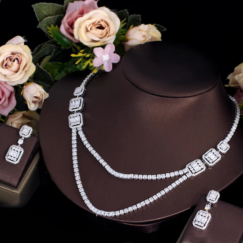 Wholesale Shiny White Cubic Zirconia Double Layered Wedding Evening Chain Necklace Bridal Party Wear Jewelry Sets for Women