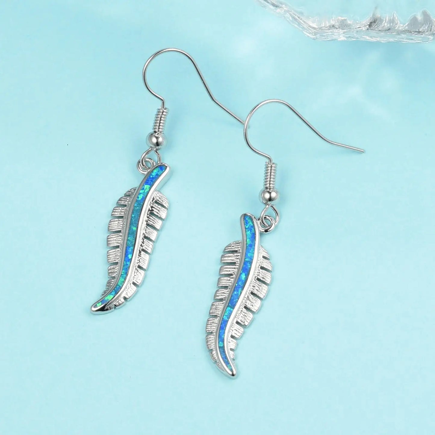 Hawaiian Ocean Style Blue Opal Feather Earrings Must Have Vacation Opal Jewelry