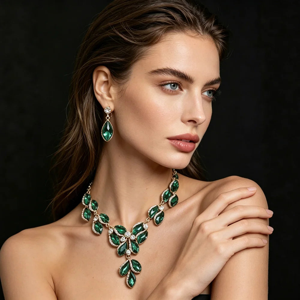 XM S392 Gold Plated Retro Gemstone Crystal Floral Necklace & Earrings Bridal Set
