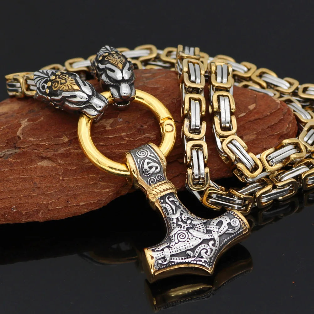 REBEL VIKING Fenrir Wolf Head & Mjolnir Thor Hammer Pendant King Chain Necklace – Stainless Steel