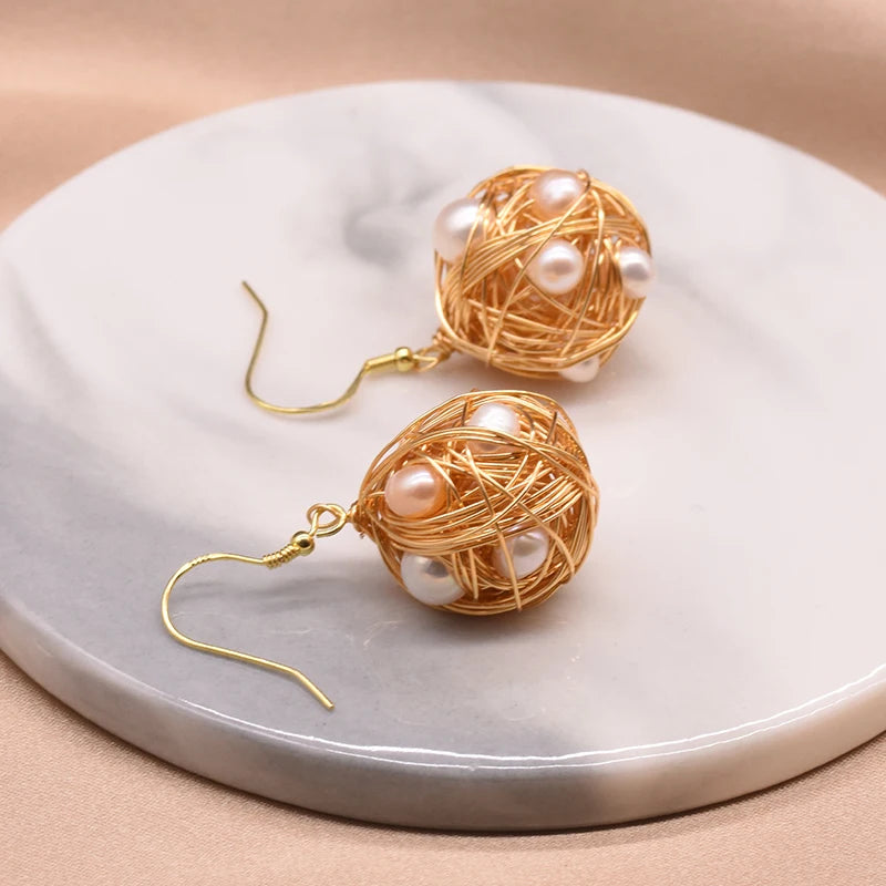Natural Freshwater Pearls Metal Stud Earrings  Geometric Irregular  for Women Girl Gift Pearl Earrings Fashion Jewelry