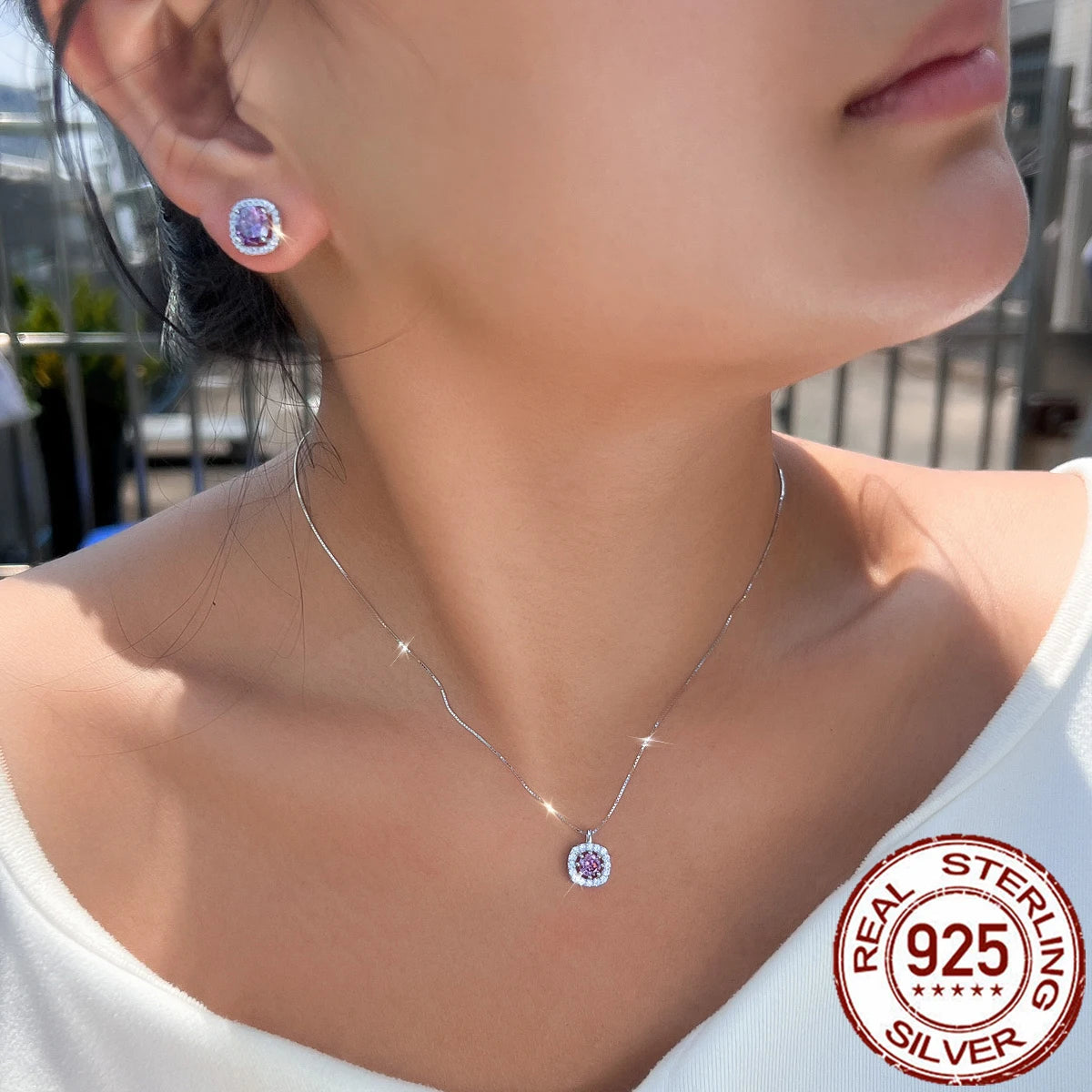 925 Sterling Silver Jewelry Set Square Purple Round Cubic Zirconia Pendant Necklace Stud Earrings Jewelry Set for Brides Wedding