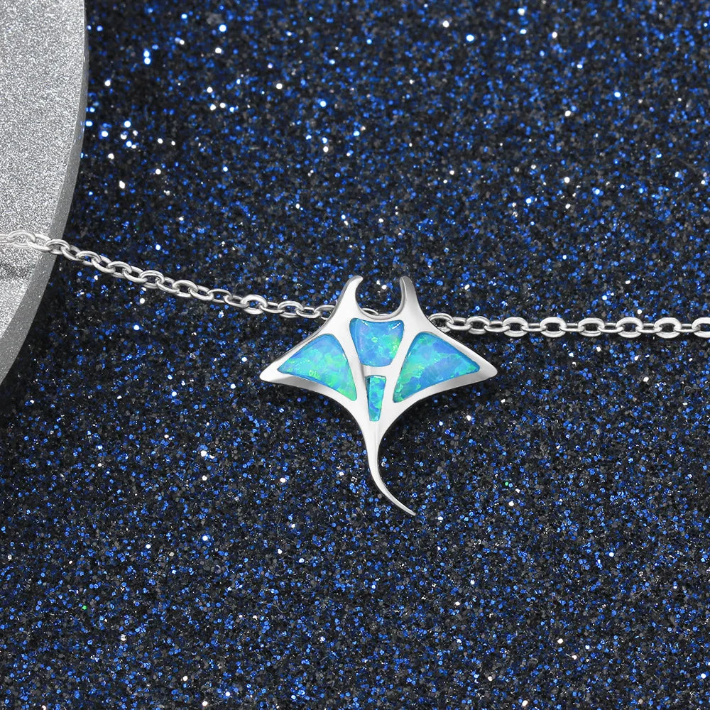 Hawaiian European American Style New Blue Opal Manta Ray Necklace Gold Plated Sweater Chain Pendant