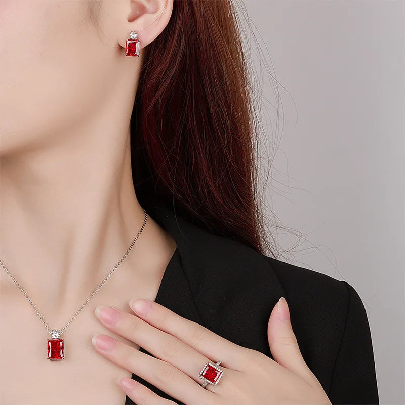 Gemfiori European and American Romantic Fashionable Personalized square Earrings Ring Pendant Exquisite and Elegant Three Piece Set