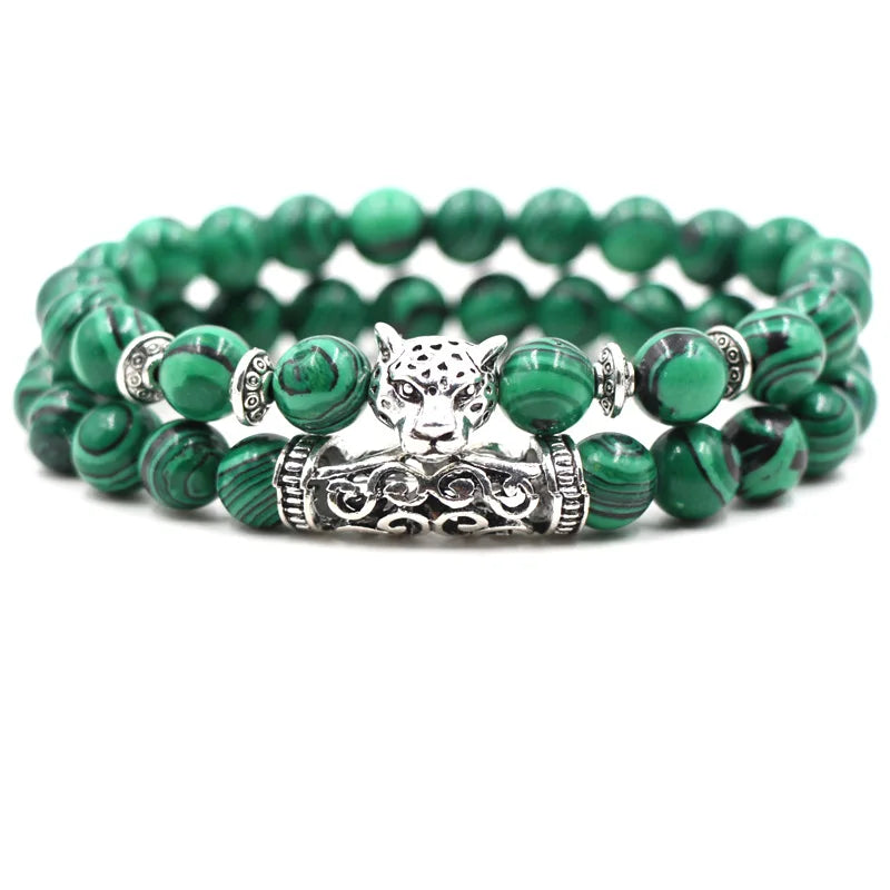 Classic Natural Silver Lion Owl Buddha Head Charm Bracelet Set for Unisex Anniversary 8mm Diamond-Embossed Bangle Chain Bead
