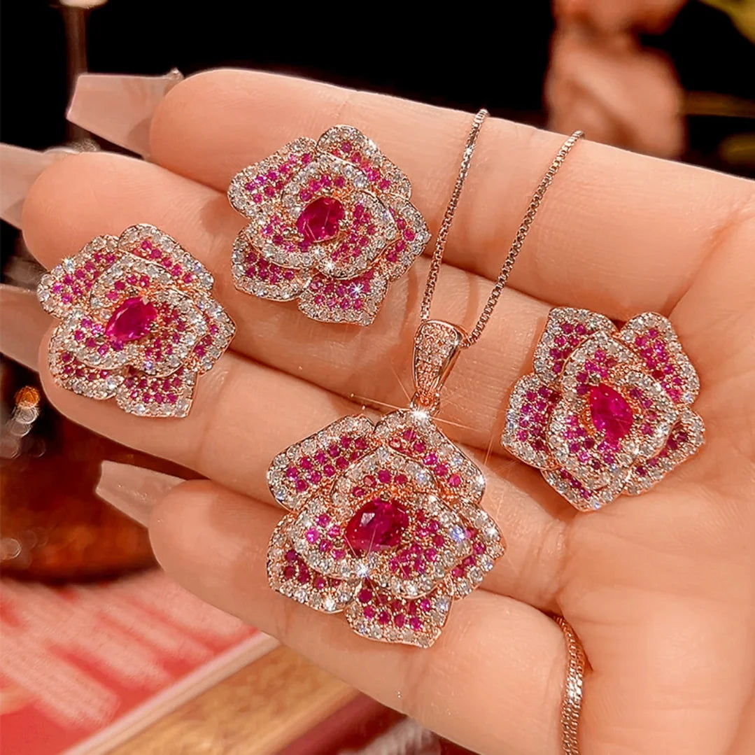 S&S Rose Gold Plated Pavé Red Zircon Floral Jewellery Set – Collection