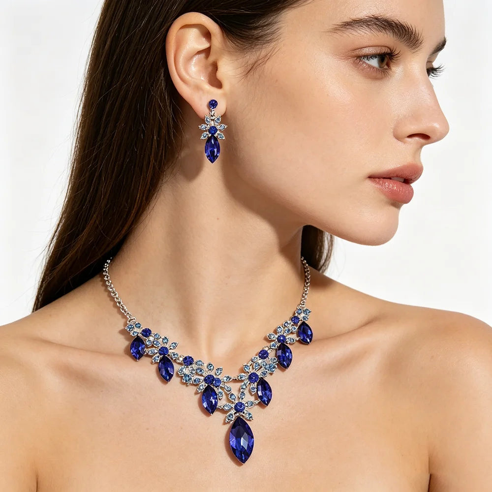 XM S383 Silver Plated Marquise Cut Zircon Floral Teardrop Necklace & Drop Earrings Set
