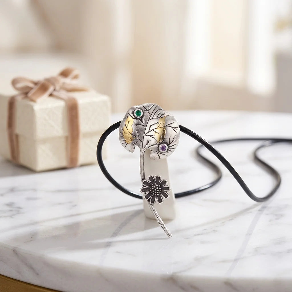 PERFECT Classic Amethyst Flower Lotus Leaf 925 Sterling Silver Anti Silver & Anti Gold Plated Tiny Pendant Necklace