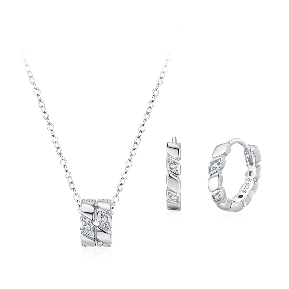 S&S 925 Sterling Silver CZ Barrel Bead Necklace & Hoop Earring Set – Collection