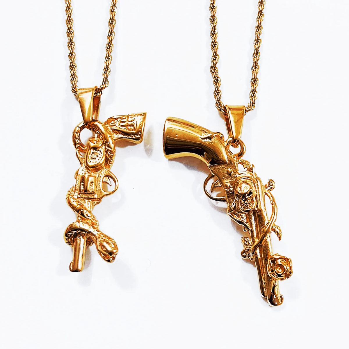 BiG-BOSS Trendy Necklace Stainless Steel 18k Gold Plated Rose Gun Pendant Rope Chain Men Hiphops Hand Gun Pendant Maxi Necklace