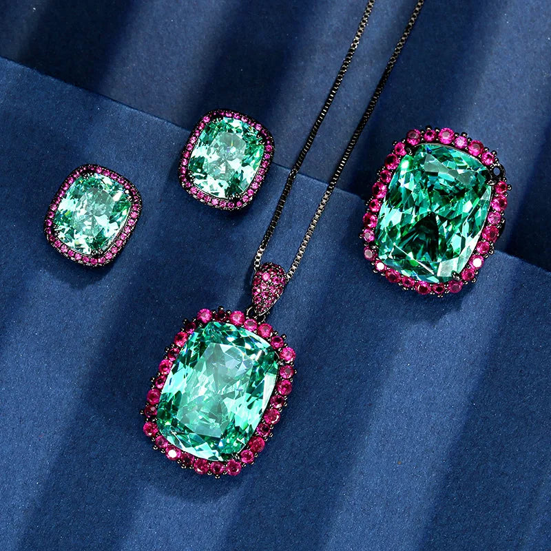 Gemfiori High Quality Luxury square Gemstone Set Girls' Party Gifts Zircon Jewelry Earrings Ring Necklace Suitable for Women's Weddings