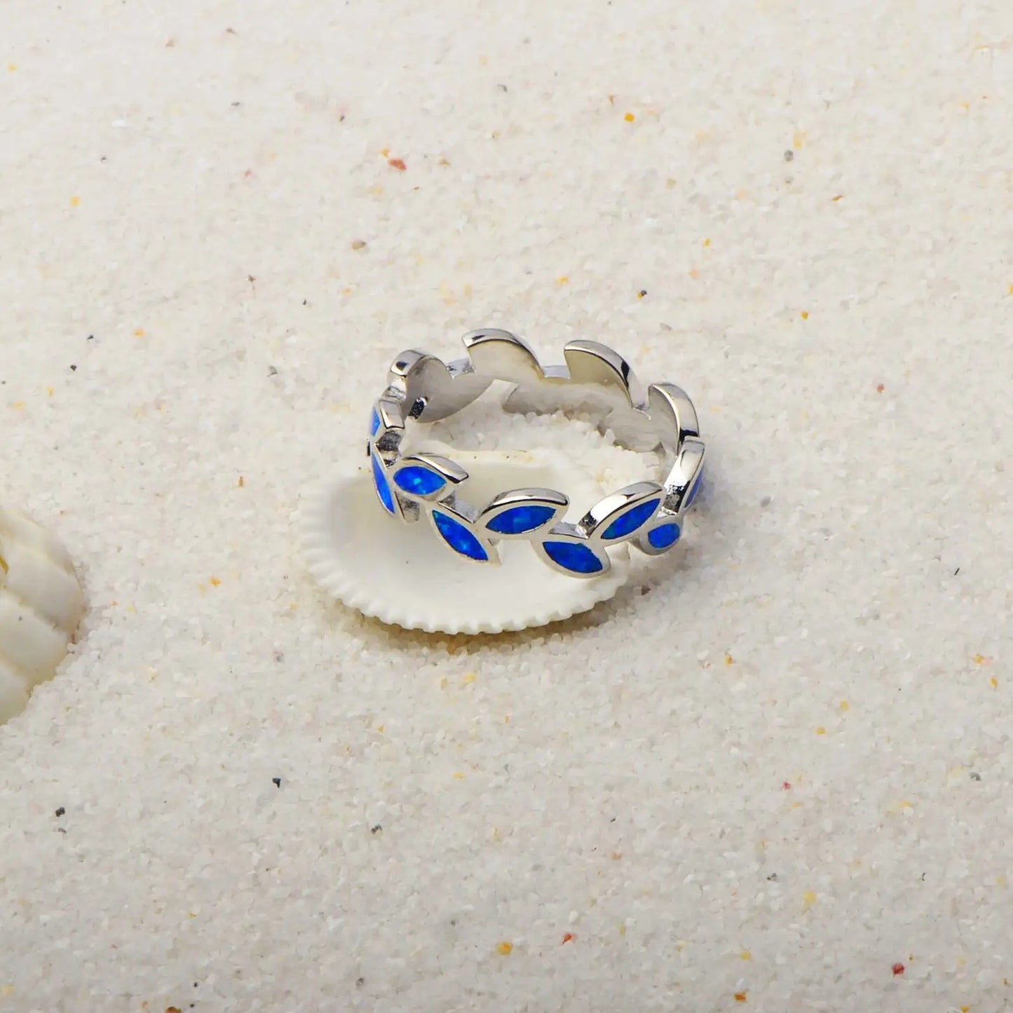 Leaf-Shaped Blue Opal Twisted Ring | Iridescent Gem Inlay Band | Nature-Inspired Fashion Jewelry for Women Trendy Wear
