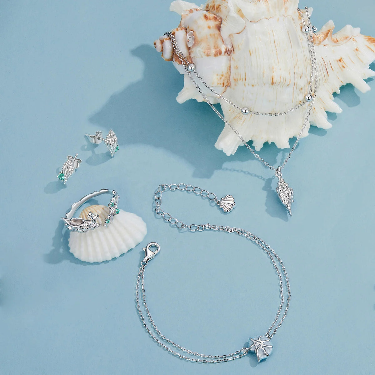 Qings Fashion Sterling Silver Jewelry Sets Fine Jewelry Marine Blue Ocean Conch Shell Turtle Bracelet Necklace Ring Earrings Set