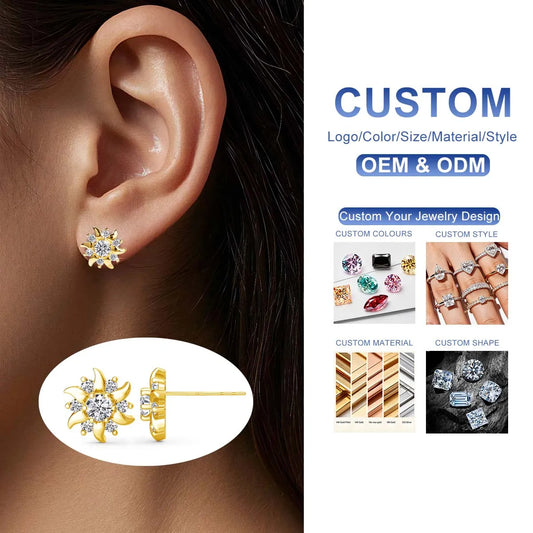 Gemfiori Fine Jewellery Earrings Sunflower Moissanite Diamond Woman Gift Engagement Hollow 14K Gold Earrings