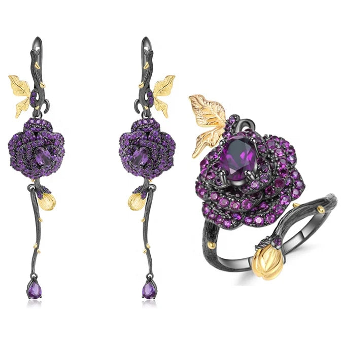 Abiding 925 Sterling Silver Jewellery Natural Amethyst Rose Flower Earrings Ring Jewelry Sets for Women Bijoux