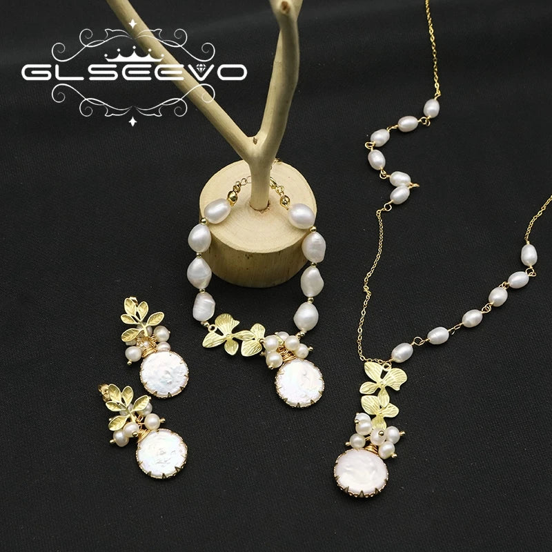GLSEEVO Natural Freshwater Baroque Pearl & Gold Flower Leaves Jewellery Set — Necklace, Earrings & Bracelet