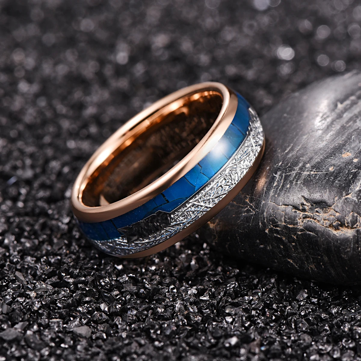 REBEL 8mm Width Rose Golden Plated Inlaid Blue Shell Imitation Meteorite Arrow logo Men's Tungsten Ring Jewelry