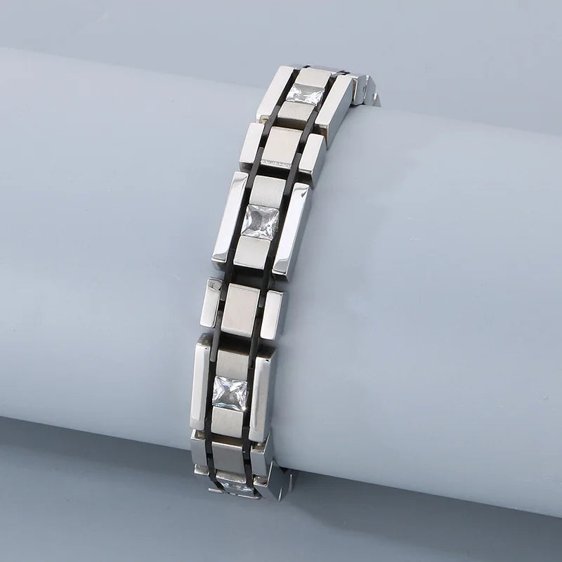 KALEN Plain Style Fashion Jewelry Bracelets Rhinestones Stainless Steel Men Bracelet Homme