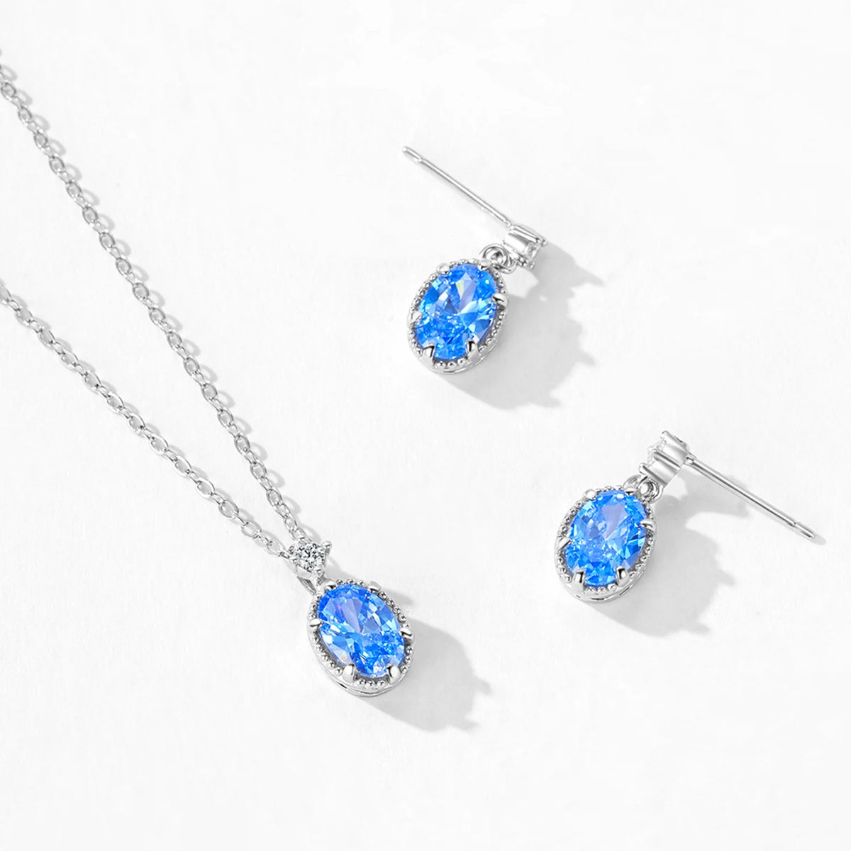 S925 Sterling Silver Dreamy Sea Blue Oval Zircon Necklace Earrings Jewelry Set | Party Birthday Gift 2-Piece Set for Women