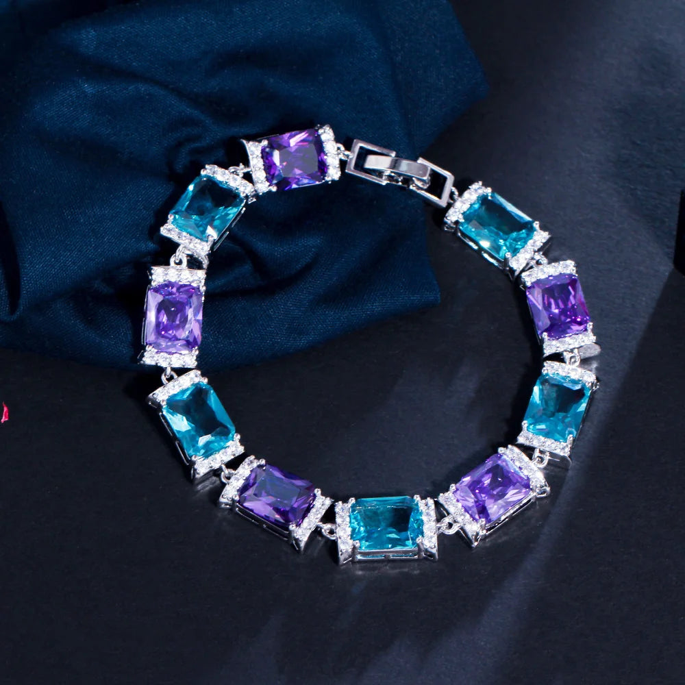 S&S Rectangle CZ Luxury Tennis Bracelet – Purple & Blue – White Gold Plated – Collection