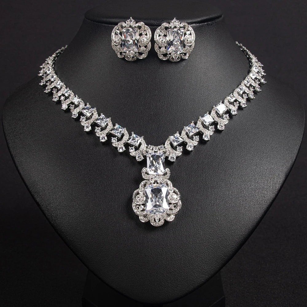 Gemfiori High Quality Luxury Square Pendant Necklaces Earring Sets Ladies Sparkling Zircon Stud Earrings Wedding Engagement Party Jewelry