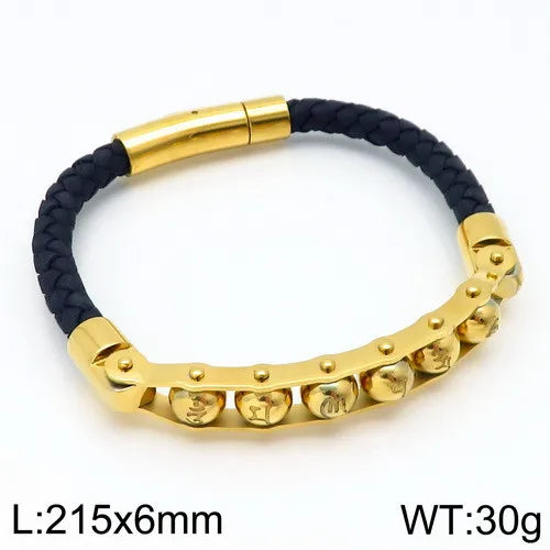 REBEL Trendy Mens Fashion Bracelets Bangles Stainless Steel Beads Leather Bracelet Bangle