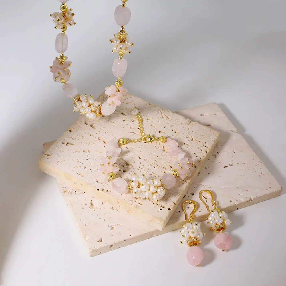 Natural Freshwater Pearl Powder Crystal Earrings for Woman Korean Fashion Style Vintage Personality Lady Jewelry