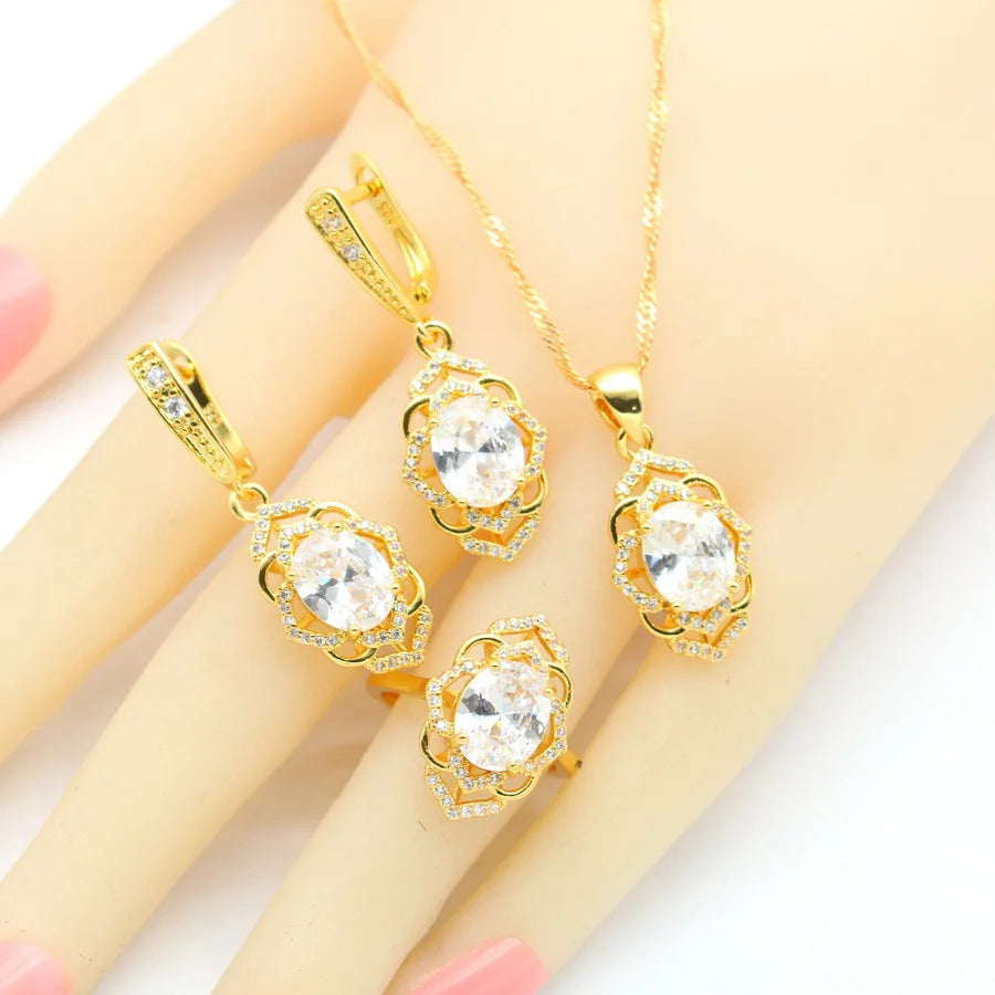 XOTICA 2023 New Red Cubic Zirconia Jewelry Set for Women Earrings Open Ring Pendent Necklace for Wedding or Engagement