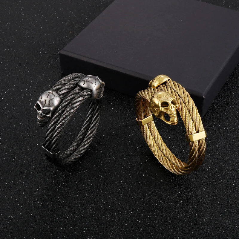 REBEL Mens Punk Stainless Steel Scar Skull Charm Rope Open Bangle Bracelet