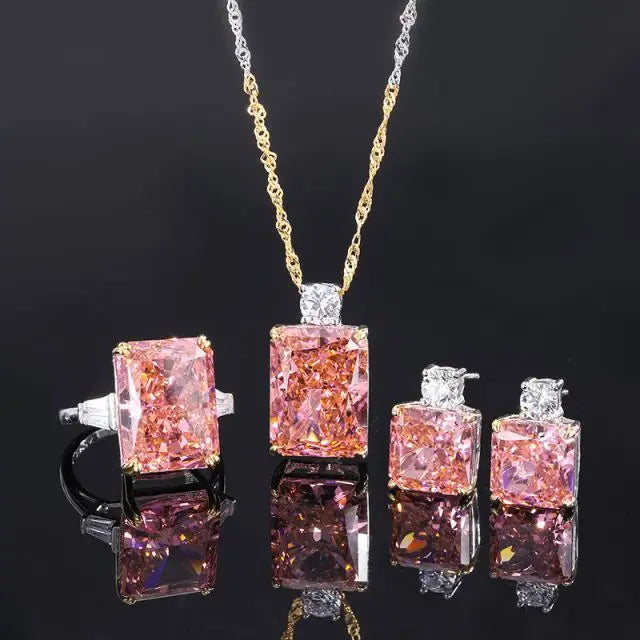 S&S Papalacha Pink CZ 925 Silver Jewellery Set | Rectangle Cut Necklace, Earrings & Ring | S&S Collection