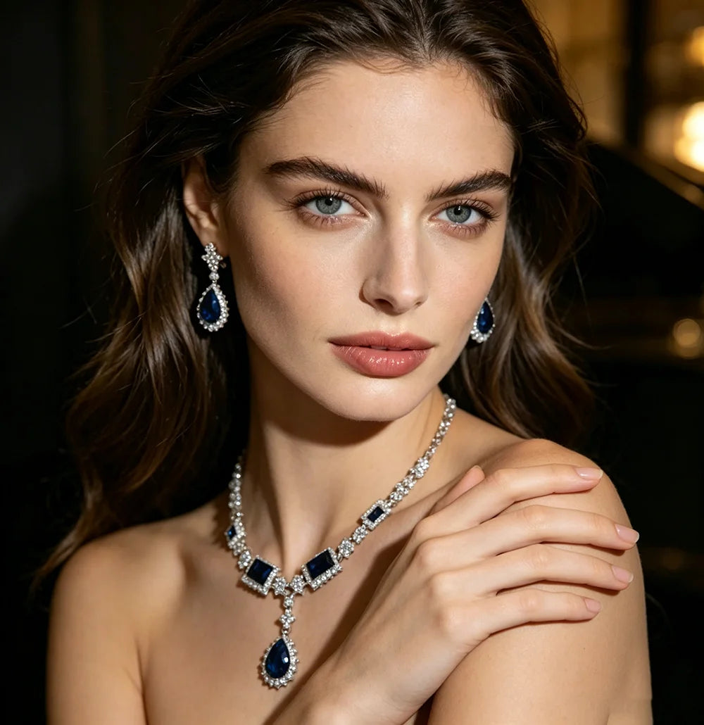 XM S365 Silver Plated Sapphire Blue Crystal Statement Necklace & Earrings Set