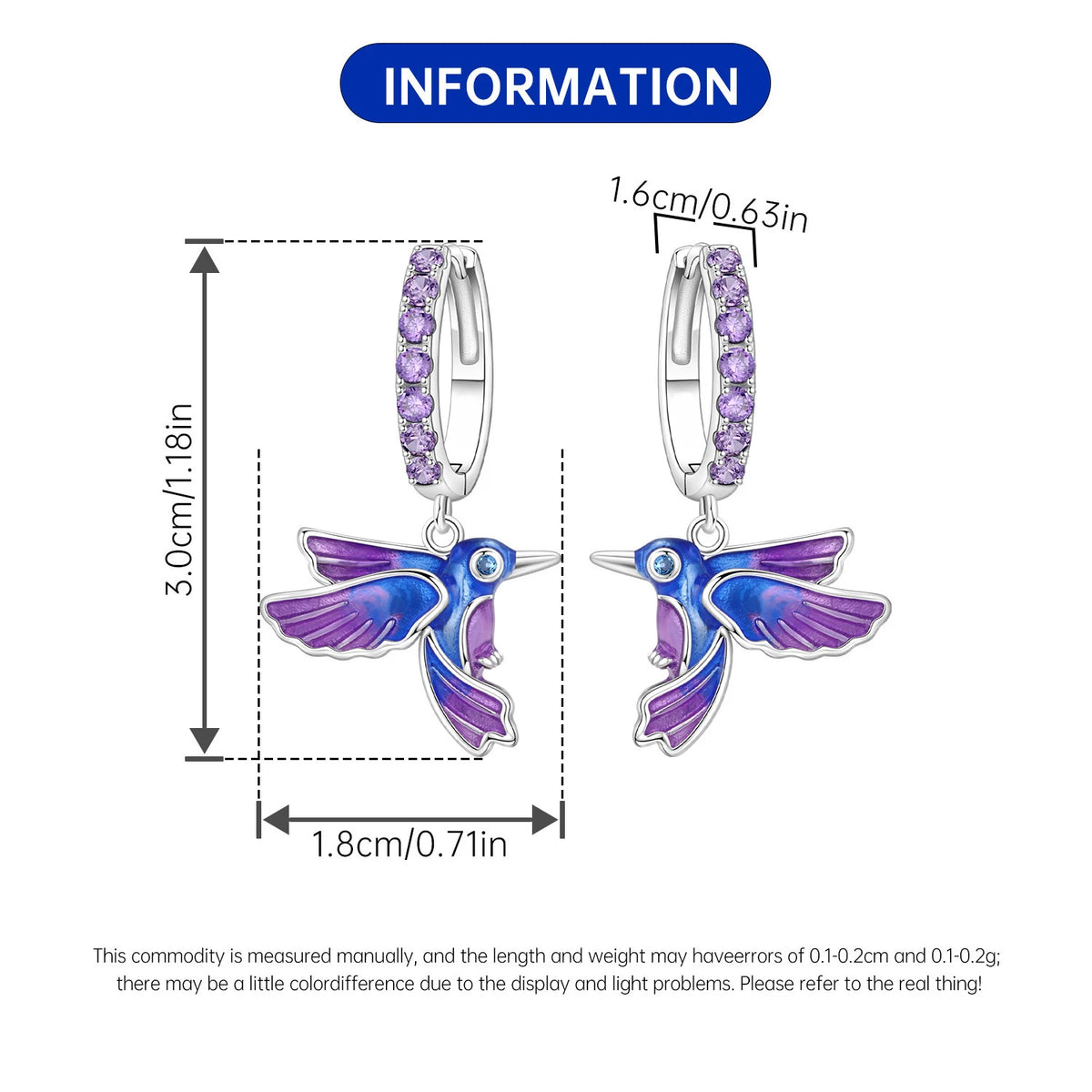 Shining Single Row Zircon Paved Gradient Blue Purple Enamel Hummingbird Dangle Drop Earrings Copper Silver Plated Women's Trendy