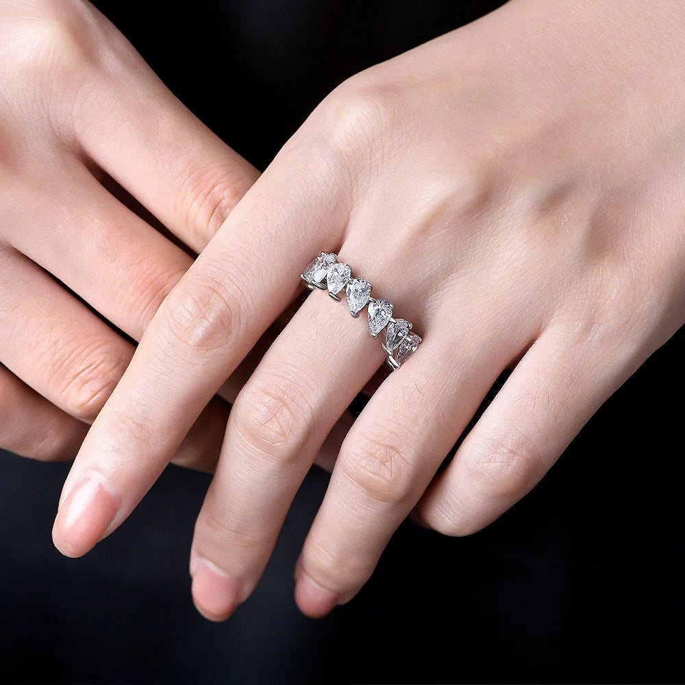 MuShan Jewelry Factory Pear Shaped White 4*6 High Carbon Diamond S925 Silver Women Versatile Ring Full Diamond Band