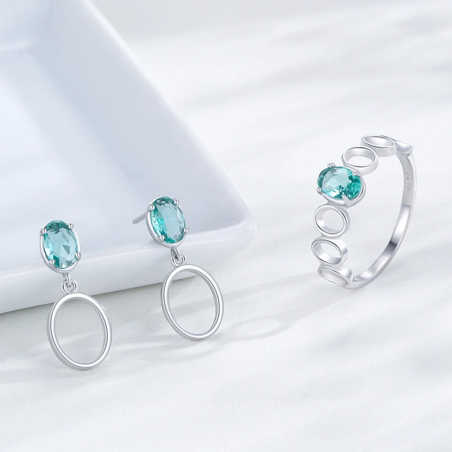 925 Sterling Silver Fresh Blue-green Jewelry Set Fashion Temperament Advanced Paraiba Earring Ring Gift Set