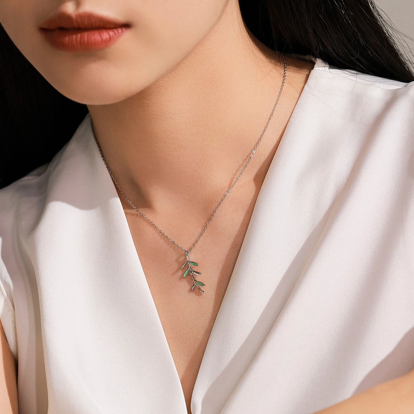 Ailmay 925 Sterling Silver Tree Branch Leaf Enamel Rings Necklace For Fine Female Fashion Jewelry Set