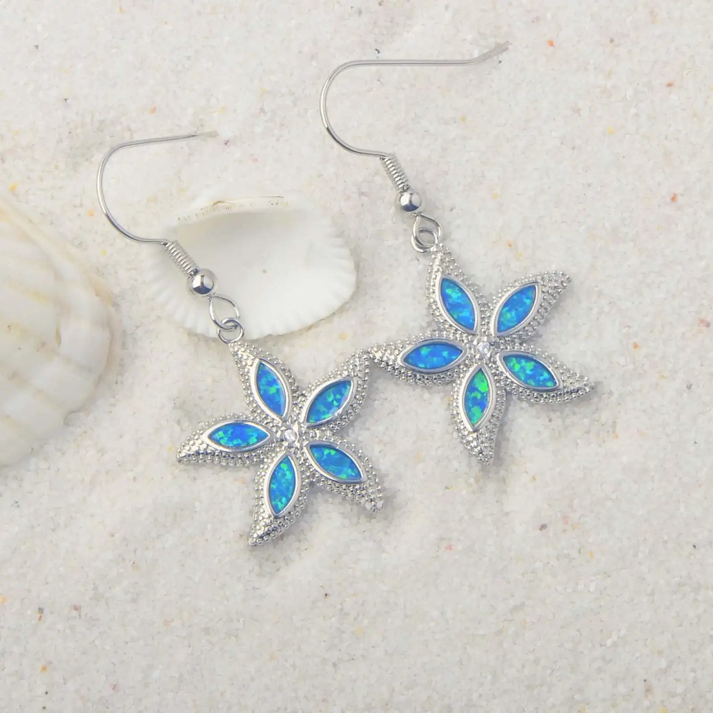 TikTok Viral Colorful Opal Starfish Bohemian Christian Silver Plated Brass Pendant Earrings Trendy Women's Jewelry