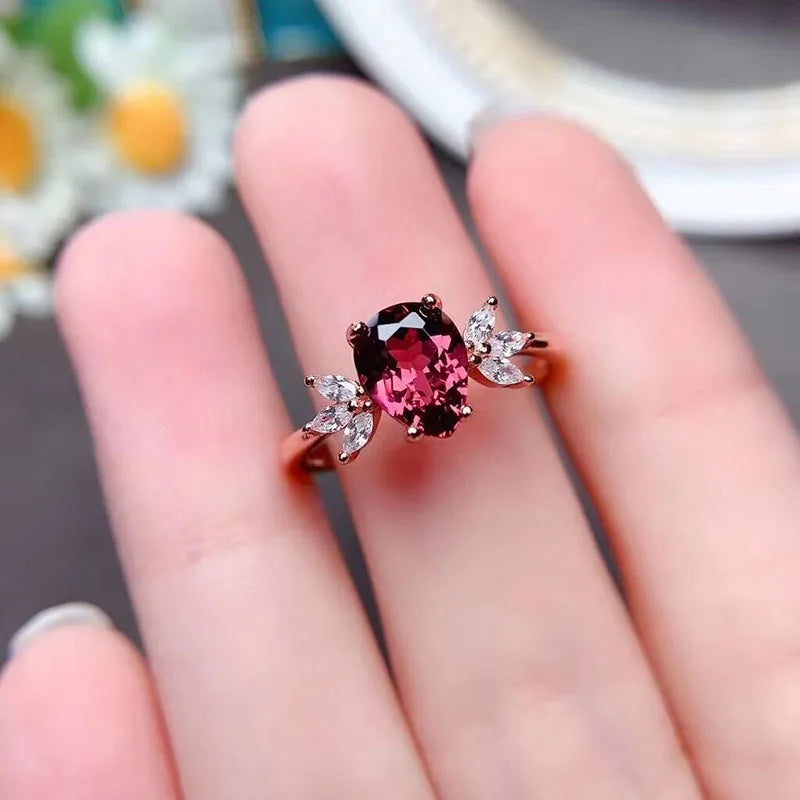 Natural Garnet Rhodium Plated 925 Sterling Silver Minimalist Oval Cut Engagement Ring for Weddings and Parties
