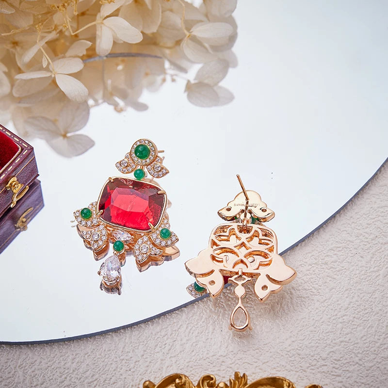 High Quality Rhodium Plated Jewelry Gifts Ruby Green Agate Women's Evening Dress Necklace Earrings Headdress Set