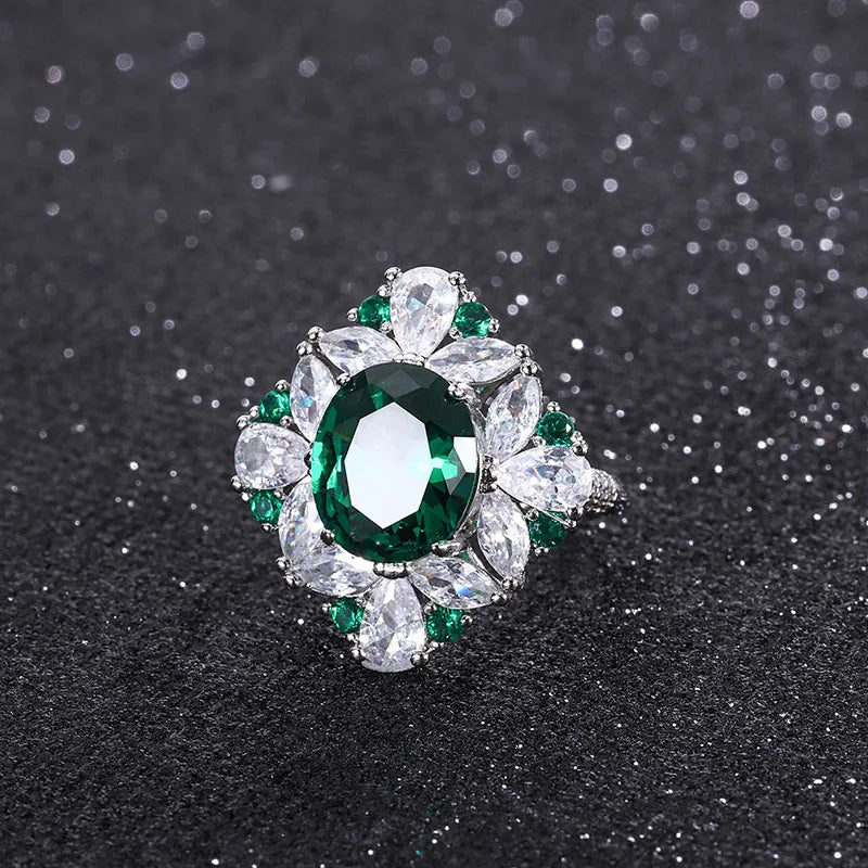 Gemfiori European and American Temperament Inlaid with Emerald Zircon Jewelry Fashionable Retro High-end Pendant Earrings Ring Set